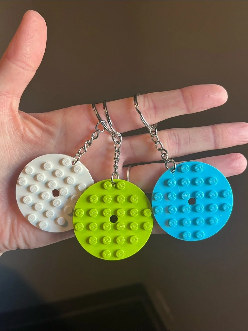 Lego Blue, Lime Green & White Round Stud Keychain Set